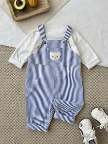 SHEIN 男婴/女婴秋冬套装：背带裤、连体裤，可爱小熊刺绣黑白条纹背带裤连体裤，舒适百搭时尚休闲基础款，适合室内、户外滑雪、日常穿着、运动、玩耍、派对、节日、万圣节、圣诞节、新年等场合。 - 藍色 - 查看 7