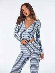 Sweetina Women's Striped Overlapping V-Neck Long Sleeve Cropped T-Shirt And Pants Casual 2 Pieces Set - Blue - View 5