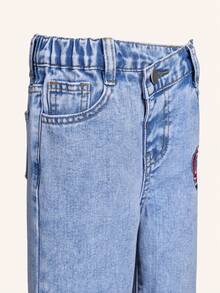 SHEIN Casuvi Kids 少女寬鬆牛仔褲 中洗藍色 返校季夏季街頭風 Y2K 不對稱彈性腰 水鑽裝飾 寬鬆直筒棉質丹寧 - 淺藍色 - 查看 7