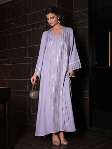 Al Najma Loose Elegant Flared Maxi Dress, Turkish & Arabic Traditional Long Robe For Women - Purple - View 6