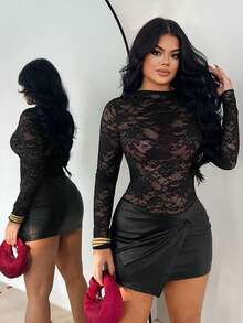 SHEIN SXY Damen Mode sexy Spitze Patchwork PU Leder Bodycon Kleid - Schwarz - Übersicht 6