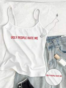 Attitoon Women's Casual Sexy Camisole Tight Racerback Tank Top With English Print - White - View 1