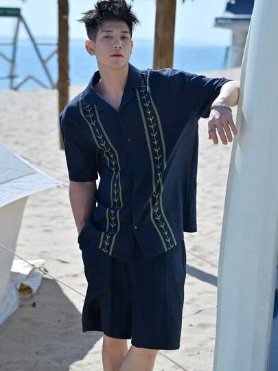 DAZY Men's Summer Casual Beach Vacation Graphic Print Short Sleeve Shirt And Shorts Set