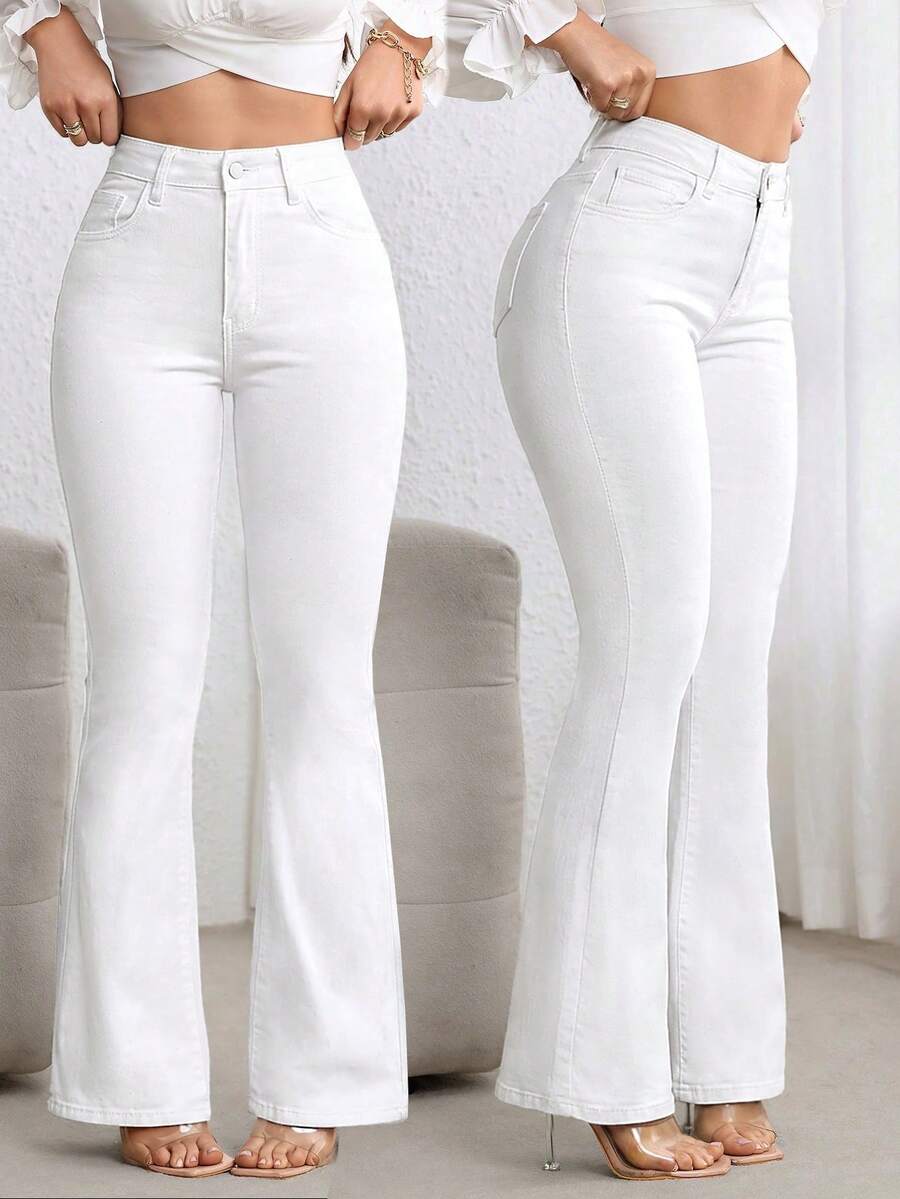 SHEIN ICON Women's Pocket Button Casual Versatile Daily Wear Flare Jeans - White - View 1