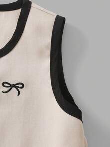 Set de 2 piezas de traje informal y elegante para niñas con chaleco de cuello redondo con lazo de contraste y pantalones cortos, para primavera/verano - Caqui - Ver 4