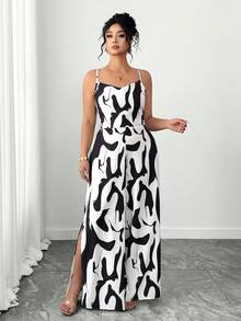 Elenzga Bộ jumpsuit không tay thắt eo màu đen trắng thanh lịch dành cho nữ cỡ lớn, thích hợp cho mùa xuân/hè. - Đen và trắng - Xem 5