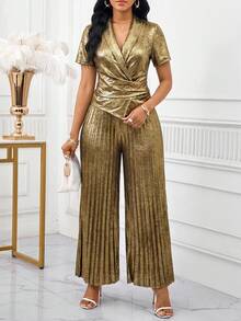SHEIN Lady 女士纯色裹身短袖上衣和褶皱阔腿裤优雅两件套 - 金色 - 查看 8