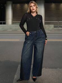 Maija Plus Size Women Black V-Neck Eyelet Design Metal Decor Mesh Patchwork Fitted Waist Long Sleeve Top, Versatile For Modern Urban Autumn/Winter Black Mesh Top Long Sleeve Black Top Sheer Black Top Long Sleeve Mesh Top Black Top Women Blouses Black Top Spring To Summer Spring Outfit Womenvalentine's Day Carnival Fasching Women Costume Party Beach Wedding Vacation Casual - Black - View 7