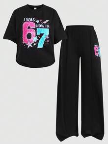 SHEIN 少女休闲日常黑色针织数字67印花圆领宽松落肩褶皱简约套头卫衣和短裤两件套 - 黑色 - 查看 8