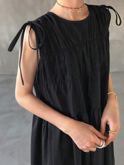 FRIFUL Women's Solid Color Round Neck Tie Shoulder Ruched Casual Loose Long Dress