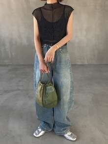 FRIFUL Women's Metallic Sheer Fabric Sleeveless Mock Neck Ruffle Hem Camisole Top - Black - View 7