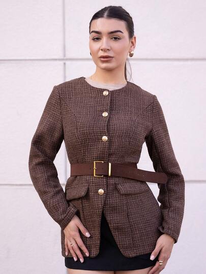Andrea Bello 女士优雅圆领修身格子粗花呢西装外套，秋冬