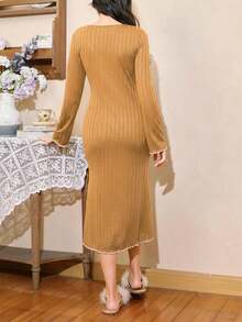 Côtesoire French Romantic Elegant Contrast Color Floral Lace Trim Long Sleeve Women Nightgown - Yellow - View 2