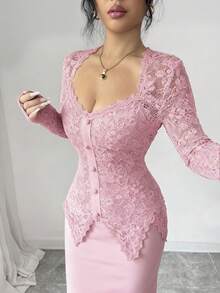 Modelyn Square Neck Lace Patchwork Button Waist Fitted Midi Dress For Women - Pink - View 3
