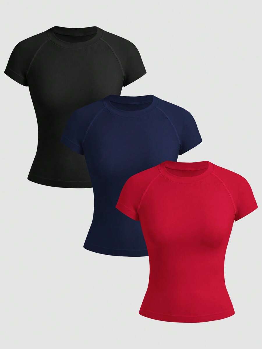 Velisys Velisys Women's Casual Solid Color Raglan Sleeve Seamless Sports T-Shirt, Summer - Multicolor - View 1