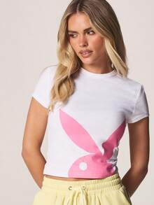 Missguided x Playboy 修身短款印花T恤，饰有兔子图案，短袖圆领，棉混纺面料，夏季休闲上衣 - 白色 - 查看 5