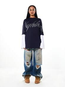 SUMWON WOMEN Rhinestone Script Oversized Long Sleeve Layered T-Shirt With Plain Contrast White Sleeves And Crew Neck For Casual Streetwear - Navy Blue - View 1