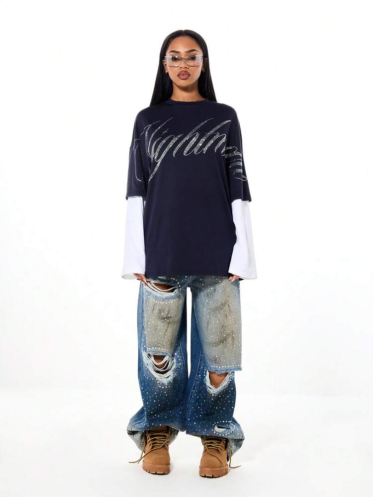 SUMWON WOMEN Rhinestone Script Oversized Layered T-Shirt With Contrast Sleeves