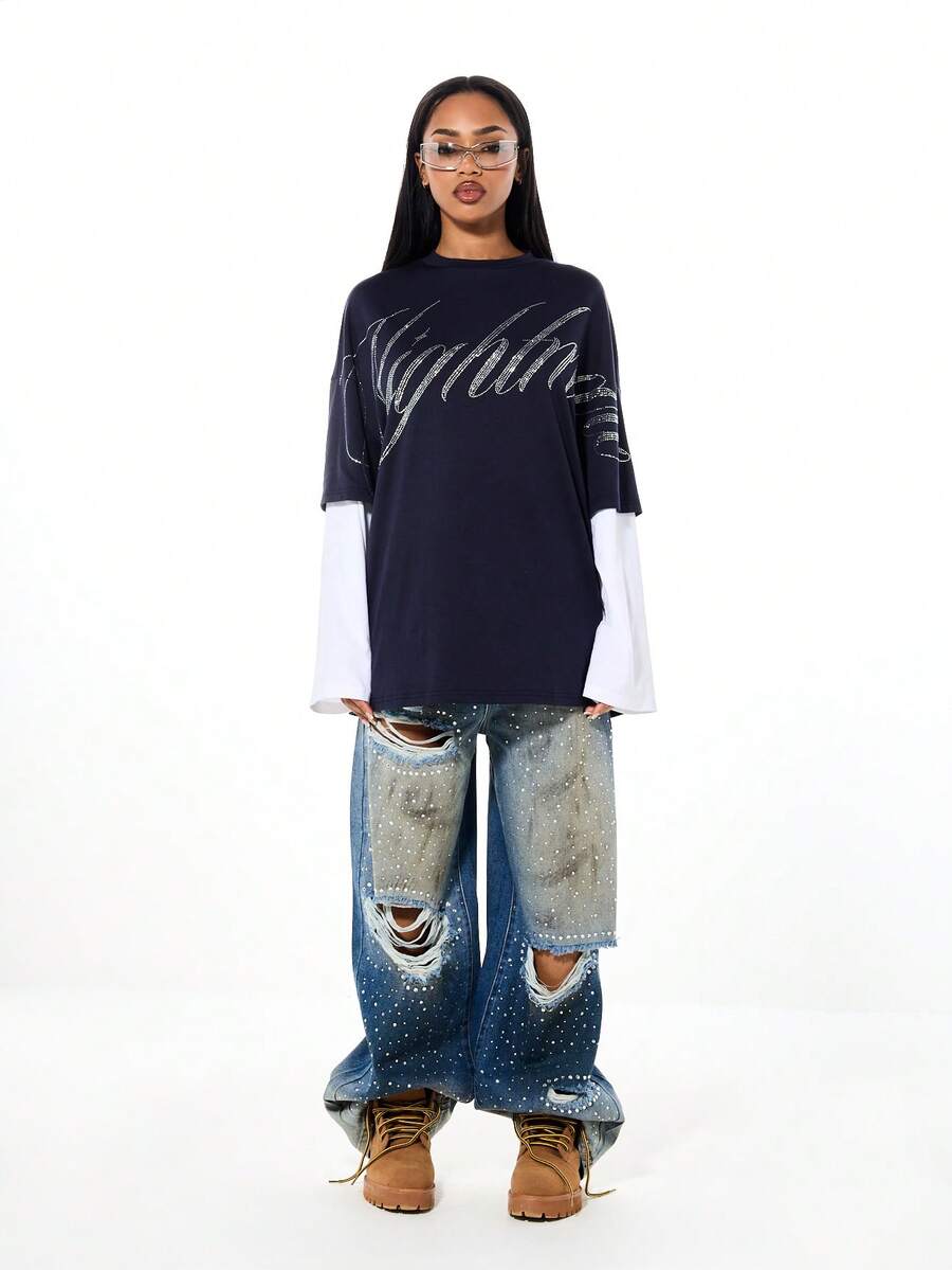 SUMWON WOMEN Rhinestone Script Oversized Long Sleeve Layered T-Shirt With Plain Contrast White Sleeves And Crew Neck For Casual Streetwear - Navy Blue - View 1