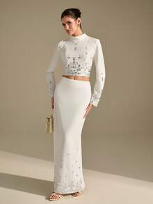 CLARA VERO Women's V-Neck Beaded Puff Sleeve Fitted Blazer - White - View 4