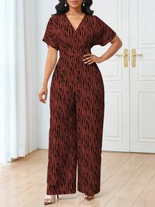 Lyxana V领短袖条纹印花弹力腰修身优雅休闲连体裤（女款） - 彩色 - 查看 4