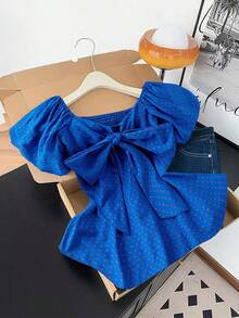 GlowEve 女士蓝色蝴蝶结吊带短袖衬衫 - 藍色 - 查看 1