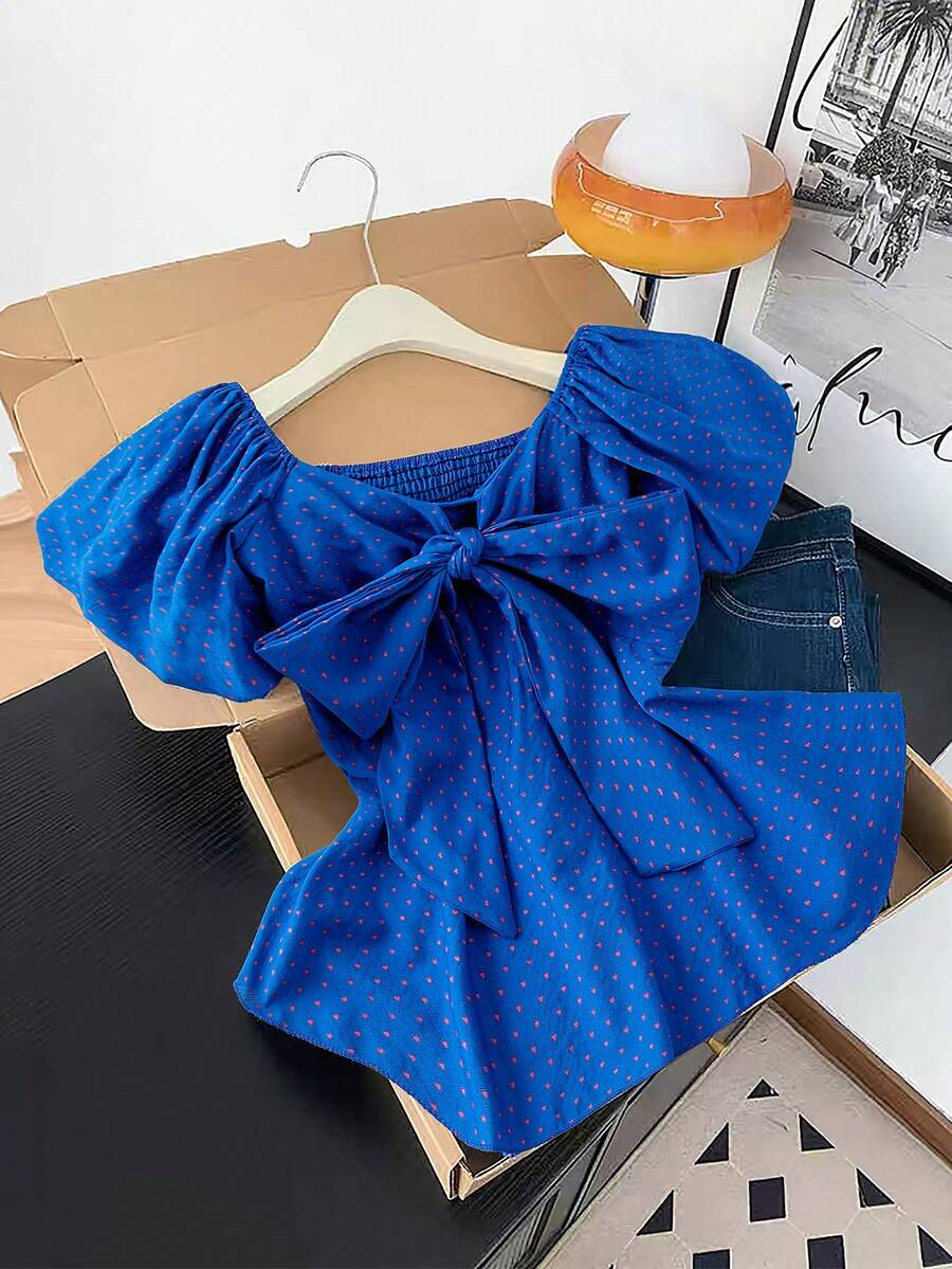 GlowEve 女士蓝色蝴蝶结吊带短袖衬衫 - 藍色 - 查看 1