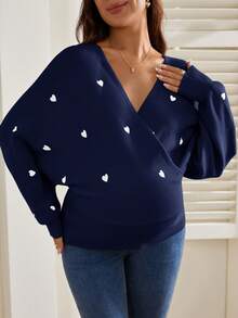 SHEIN Maternity Colorblock Heart Print V-Neck Long Sleeve Sweater - Navy Blue - View 8
