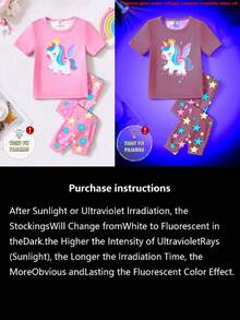 1 bộ đồ ngủ cho bé gái in hình kỳ lân phát sáng trong bóng tối, gồm áo thun ngắn tay cổ tròn ôm sát và quần dài. - Hồng - Xem 8