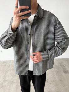 Manfinity Hypemode Men's Striped Long Sleeve Single-Breasted Casual/Business Shirt Drop Shoulder Shirt Men Loose Shirts Men Stripe Shirt Long Sleeved Shirt Men Black And White Shirt Baggy - Black and White - View 3