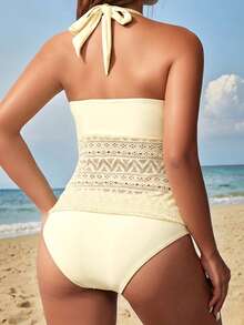 SHEIN Swim Lushore 女士休闲度假沙滩V领露背镂空吊带背心泳衣套装 - 米色 - 查看 3