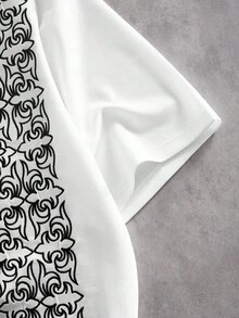 ROMWE MEN Street Life Men's Embroidered Contrast Line Print T-Shirt - Black and White - View 4