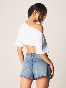 MISSGUIDED 露肩收腰短袖露脐上衣，弹性下摆，休闲纯棉T恤，春夏款 - 白色 - 查看 2