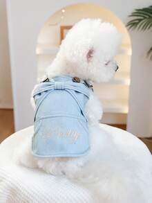 PETSIN 1件猫狗通用服装，甜美蝴蝶结刺绣“漂亮”宠物蓝色连衣裙，带背带，柔软可爱款式，适合小型犬穿着 - 藍色 - 查看 5