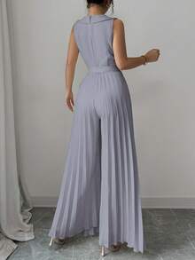 Selianne Women's Elegant Apricot Double-Breasted Design Pleated Jumpsuit, Spring/Autumn - Grey - View 2