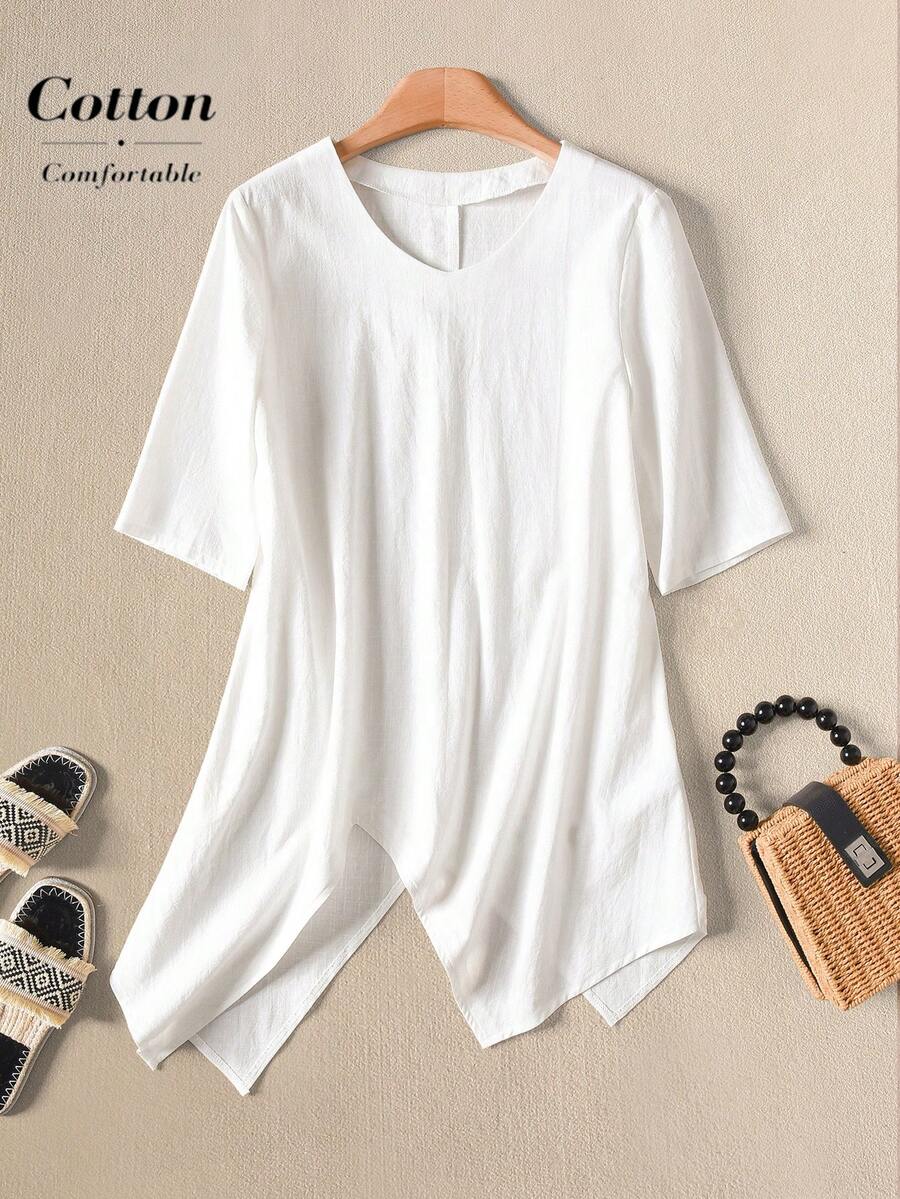 Rusticease Women's Casual Simple Round Neck Blouse, Suitable For Summer - White - View 1
