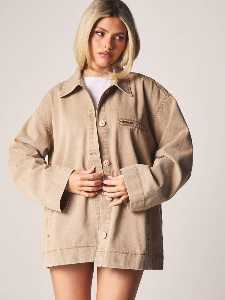 MISSGUIDED Oversized Denim Button Up Jacket With Contrast Collar Vintage Washed Fall Spring Casual Longline Outerwear Coat