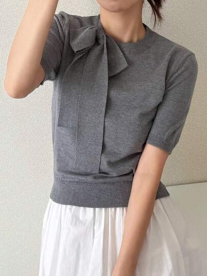 FRIFUL Women's Solid Color Round Neck Short Sleeve Knitted Tie Collar Bow Tie Slim Fit Versatile Knit Top, Spring/Summer