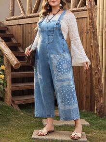 EMERY ROSE Celana Bib Denim Motif Biru Muda Nyaman Kasual untuk Wanita Ukuran Plus - Light Wash - View 5