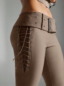 Denimoi Belted Fit & Flare Lace Up Side Mid Rise Pant - Khaki - View 2