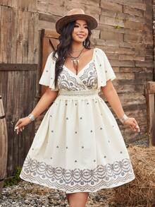 Ceyna Plus Size Square Collar, Ruffle Trim, Floral Print Elegant Vintage Cute A-Line Midi Dress, Suitable For Holiday & Party - Apricot - View 5