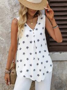 EMERY ROSE 女士V领印花褶皱休闲百搭通勤无袖衬衫 - 白色 - 查看 4