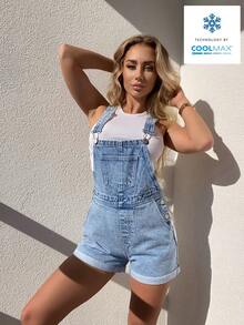 Flexra Jumpsuit Denim Kasual Wanita dengan Saku dan Hem yang Dapat Digulung, Musim Panas - Light Wash - View 6