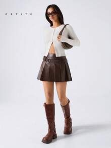 Women's Fashionable Vintage PU Leather Pleated Mini Skirt, Summer - Coffee Brown - View 7