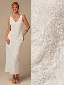COSMINA Women's Jacquard V-Neck White Floral,Summer,Elegant,Wedding Guest Sleeveless Slit Embroidered Dress,Fashionable Date Party Wedding Season Outfit - White - View 1