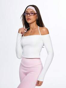 Eassivo Eassivo Women's White Off‑Shoulder Crop Top With Halter Tie,Long Sleeve Athleisure Top, Square Neck, Back Tie, Off Shoulder Top - White - View 4