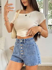 Rivivi Shorts vaqueros de talle alto con bolsillos y botones, versátiles para uso diario - Azul - Ver 3