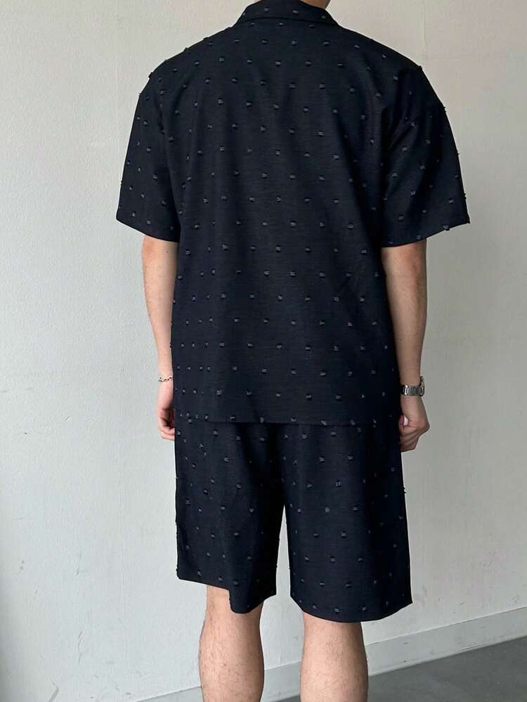 Men's Summer Casual Vacation Daily Commute Simple Solid Swiss Dot Short Sleeve Shirt And Drawstring Waist Shorts Set