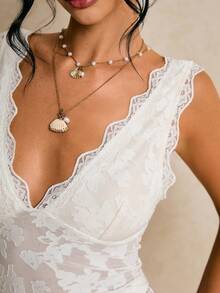 Poéselle 女士V领蕾丝边时尚百搭上衣，适合约会和外出穿着 - 米色 - 查看 7