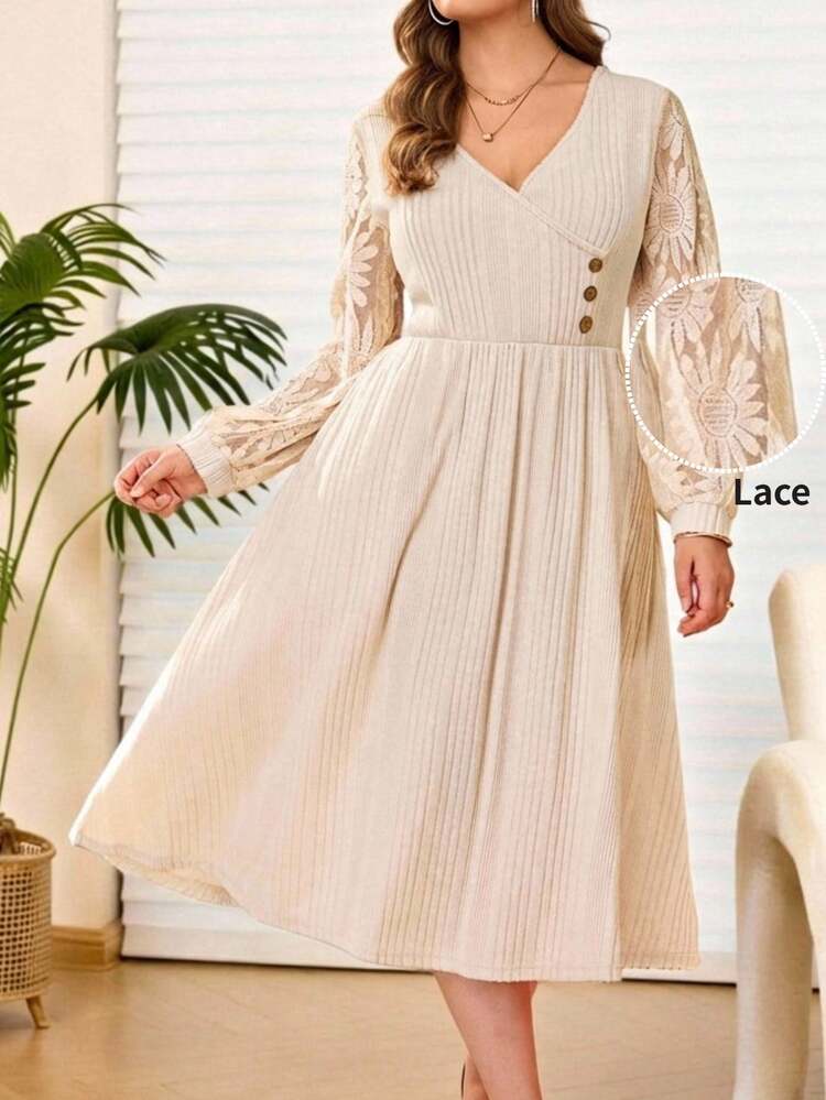 Plus Size Women Contrast Lace Long Sleeve V-Neck Elegant Dress Beige Dresses Women Elegant Midi Dress Long Sleeve Elegant Dress Valentine Outfits For Women Spring Break Outfits Summer Holiday Outfits Carnival Weddings & Events Elegant Dress Women,Vacation Wedding Party Dress Spring To Summer Lantern Sleeve Dress